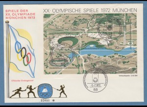 Olympische Spiele München 1972 Blockausgabe Olympiagelände auf Ersttagsbrief FDC