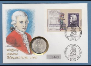 Bund 1991 Mozart Mi.Nr. Block 26 auf Numisbrief mit Österreich-Silbermünze 25 S.