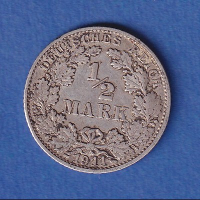 Deutsches Kaiserreich Silber-Kursmünze 1/2 Mark 1911 F ss