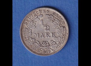 Deutsches Kaiserreich Silber-Kursmünze 1/2 Mark 1913 J vz