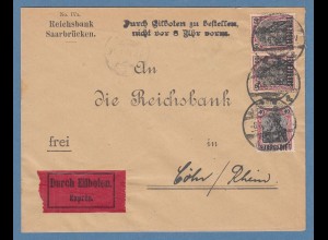 Saargebiet Mi.-Nr. 38 waag. Paar und 37 auf Wert-Brief aus Saarbrücken n. Köln