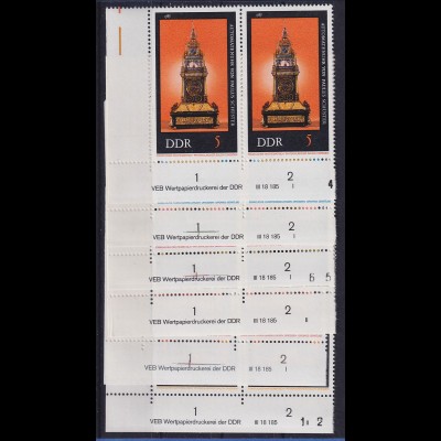 DDR 1975 Alte Uhren Mi.-Nr. 2055-60 Eckrandpaare mit Druckvermerk DV **