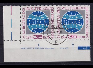 DDR 1974 Frieden Mi.-Nr. 1946 Eckrandpaar mit Druckvermerk DV G-O