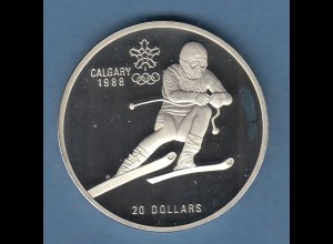 Kanada Olympische Spiele Calgary 1988 Silbermünze 20 Dollar Skiläufer PP