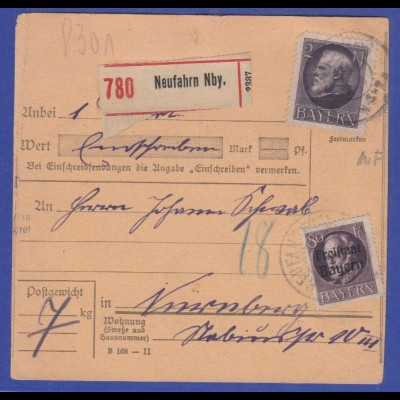 Bayern Ludwig III: Ausgabe Paketkarte mit MIF gel. von Neufahrn nach Nürnberg