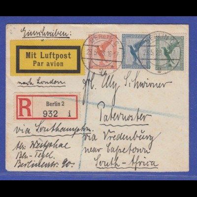 Dt. Reich 1928 Luftpost-R-Brief gelaufen von Berlin nach Paternoster Süd-Afrika