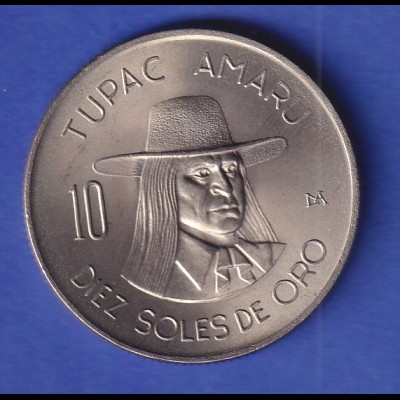 Peru Kursmünze 10 Soles de Oro Tupac Amaru 1974 stg