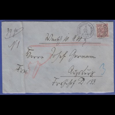 Württemberg Wert-Brief gelaufen 1894 von Oberndorf nach Augsburg, Mi.-Nr. 59 EF