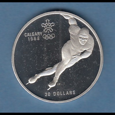 Kanada Olympische Spiele Calgary 1988 Silbermünze 20 Dollar Eischnellauf PP