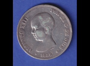Spanien Silbermünze 5 Pesetas 1888 König Alfons XIII. 25gAg900