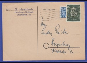 Bund 1950, Mi.-Nr. 121 als EF auf Postkarte Hamburg -> Augsburg