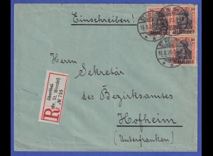 Saargebiet R-Brief von St. Wendel nach Hofheim/Ufr. O 18.8.20