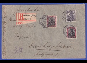 Saargebiet R-Brief von Wehrden (Saar) nach Duisburg-Meiderich O 2.6.20
