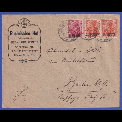 Saargebiet Brief von Saarbrücken nach Berlin O 10.4.21