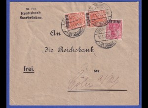 Saargebiet Brief von Saarbrücken nach Köln O 12.1.21