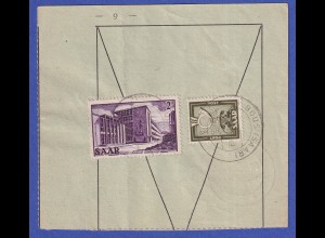 Saarland Mi.-Nr. 278 und 320 auf Postanweisungs-Kontrollabschnitt 8.12.56