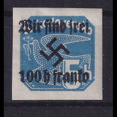 Sudetenland (Rumburg) 1938 Freimarke 100 H auf 5 H Mi.-Nr. 28 postfrisch **
