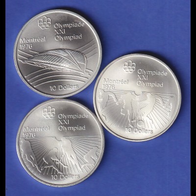 Kanada Olympia Montreal1976 Lot 3 Silbermünzen zu 10 Dollar je 48g Ag925 stg