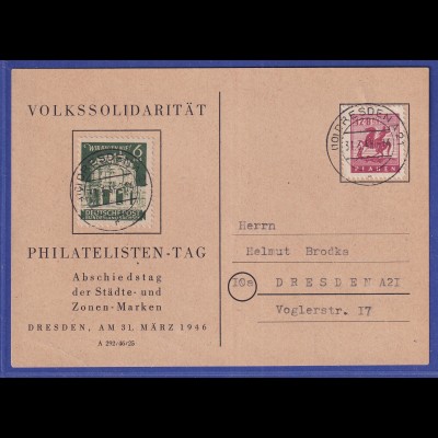 Lokalausgaben Plauen 1946 Mi-Nr. 5 auf Gedenk-Postkarte Dresden 31.3.1946