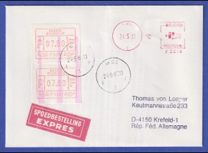 Belgien FRAMA-ATM P3021 mit ENDSTREIFEN-Ende über 2 ATM in MIF auf Express-Brief
