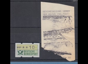 ATM Posthorn Klüssendorf, Mi.-Nr. 1.1 mit total verdruckter Quittung MÜNCHEN 32