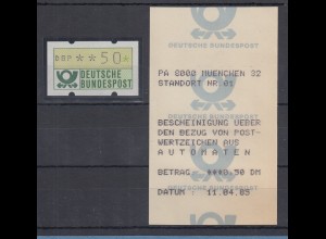 ATM 50Pfg mit rückseitig bedruckter Posthorn-Quittung MÜNCHEN 32, 11.4.85