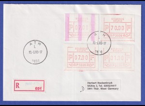 Belgien FRAMA-ATM P3036 mit ENDSTREIFEN auf R-Brief ATH vom 10.3.1983