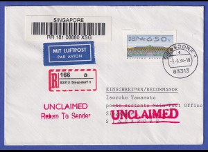 ATM Sanssouci Mi.-Nr. 2.2.1 Wert 650 auf R-Brief aus Siegsdorf n. Singapur, ret.