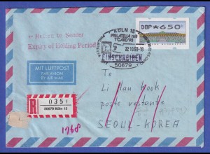 ATM Sanssouci Mi.-Nr. 2.2.1 Wert 650 auf R-Brief mit So.-O Köln nach Korea 1993