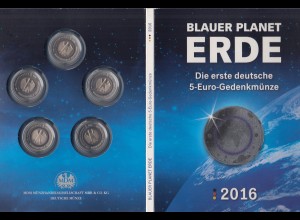 5 Euro Münze Planet Erde 2016 iSatz alle Prägestätten A-D-F-G-J im Folder 