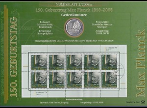 Bundesrepublik Numisblatt 2/2008 Max Planck mit10-Euro-Silbermünze 