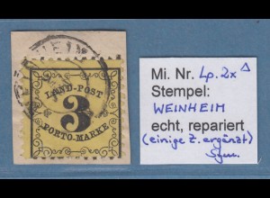Baden Portomarke 3 Kreuzer Mi.-Nr. 2x mit Stempel WEINHEIM, rep.gpr. Stegmüller 