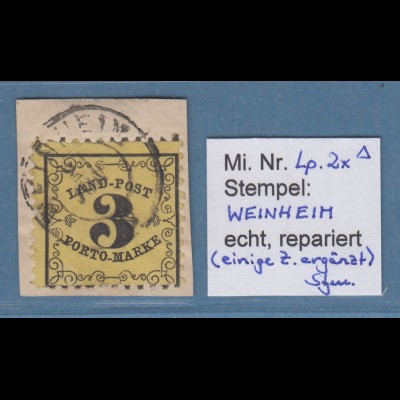 Baden Portomarke 3 Kreuzer Mi.-Nr. 2x mit Stempel WEINHEIM, rep.gpr. Stegmüller 