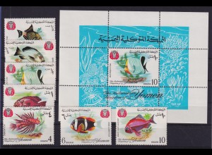 Jemen Königreich 1967 Fische Mi.-Nr. 323-329 A und Block 39 postfrisch ** 