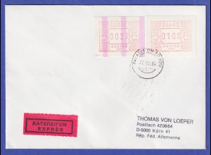 Griechenland Frama-ATM mit ENDSTREIFEN Aut.-Nr. 001 Wert 0027 auf Expr.-Brief