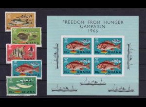 Ghana 1966 Fische und Schiffe Mi.-Nr. 261-65A + Block 21 kpl. ** / MNH