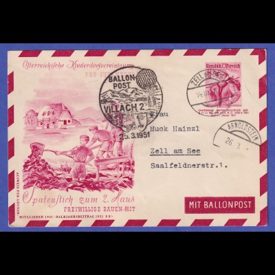 Österreich 1952 Ballonpost-Karte VILLACH 25.3.51 gel. nach Zell am See