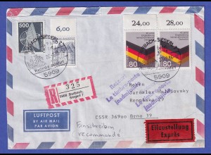 Bund 1985 Vertriebene Mi-Nr. 1265 in MIF auf R-Expr.-Bf -> CSSR RETOUR Postkrieg