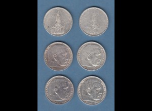 Kleiner Posten 6 Stück 5-Reichsmark Silbermünzen Garnisonskirche / Hindenburg