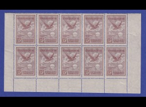 Argentinien 1928 Flugpost 15c Mi.-Nr.315 Unterrand/Eckrand 10er-Block ** / MNH 