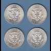 USA 1964 Erstausgabe J.F. Kennedy 1/2 Dollar 1964 Lot 4 Silbermünzen Ag900