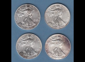 Lot 4 Silberunzen USA Walking Liberty, Jahre 1997, 1999, 2000, 2005 