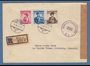 Österreich 1952 zensierter R-Brief mit 3 Werten Trachten gel. von WIEN nach CH