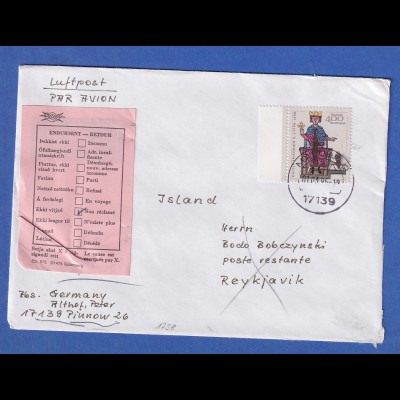 Bund 1994 Mi.-Nr. 1738 als EF auf Lp-Brief von MALCHIN nach Island