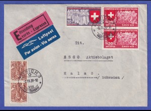Schweiz 1939 Mi.-Nr. 335, 336 auf Flugpost-Eil-Brief von ZÜRICH nach MALMÖ