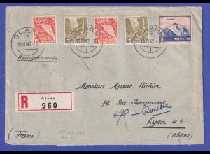 Schweiz 1942 Mi.-Nr. 297, 300, 387 auf R-Brief von GLAND nach LYON
