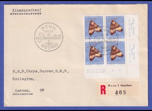 Schweiz 1952 Mi.-Nr. 579 Eckrandviererblock UR auf R-FDC von BERN nach SARNEN