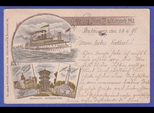 USA 1898 AK Baltimore Stadtmotive, Schiff gel. nach München, dort nachtaxiert