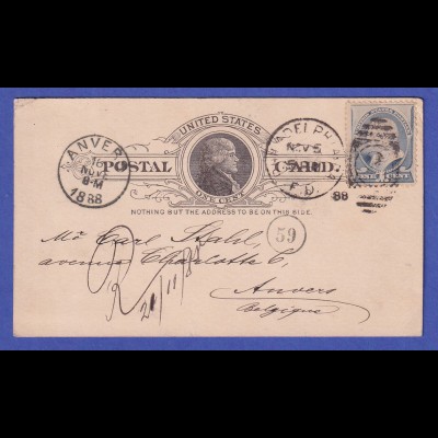 USA 1888 Postkarte Mi.-Nr. UX 9 mit Mi.-Nr. 53 gel. von PHILADELPHIA nach ANVERS