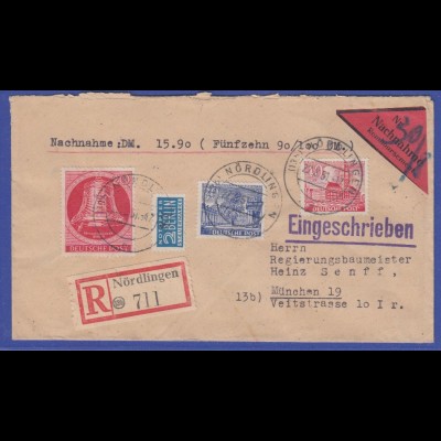 R-Nachnahme Brief von Nördlingen nach München mit Berlin Nr. 77, 51 und 52